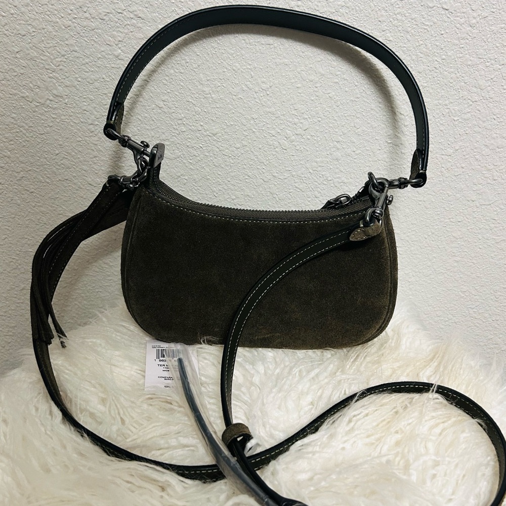 Coach Army Green Suede Satchel Crossbody Bag NWT - Picture 2 of 6